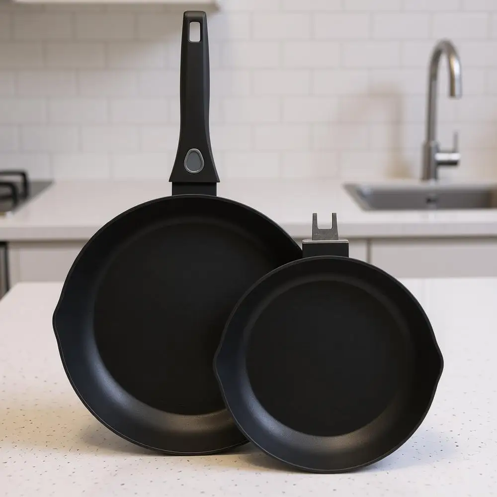 

Набор из 2 сковород с антипригарным покрытием, 28 см и 23 см, со съемными ручками – для духовки и посудомоечной машины, компактная посуда