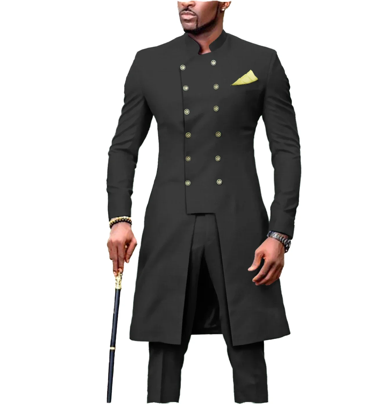 African Men Suits with Stand Collar Vintage Wedding Groom Tuxedo Slim Fit Male Long Jacket (Blazer+Pants) Custom Made