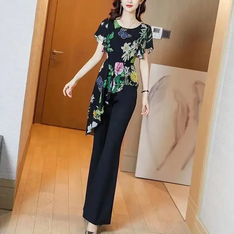 

Summer Temperament Irregular Chiffon O-neck Short Sleeve Coordinates Ladies Fashion Floral Elastic Waist Flare Two-piece Dress