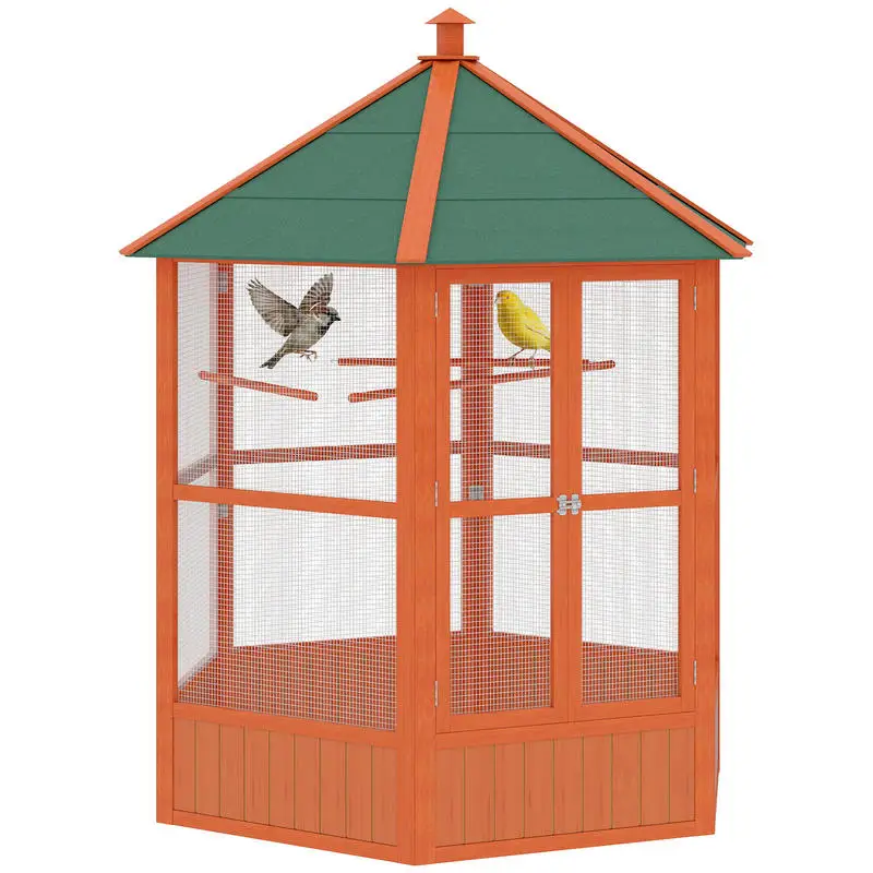 

PawHut 69" Wooden Hexagonal Outdoor Aviary Flight Bird Cage With Covered Roof, Brown
