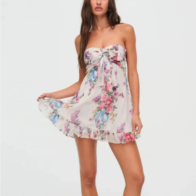 

2026 New Sexy French Print Translucent Floral Tube Top A-shaped Dress Dress