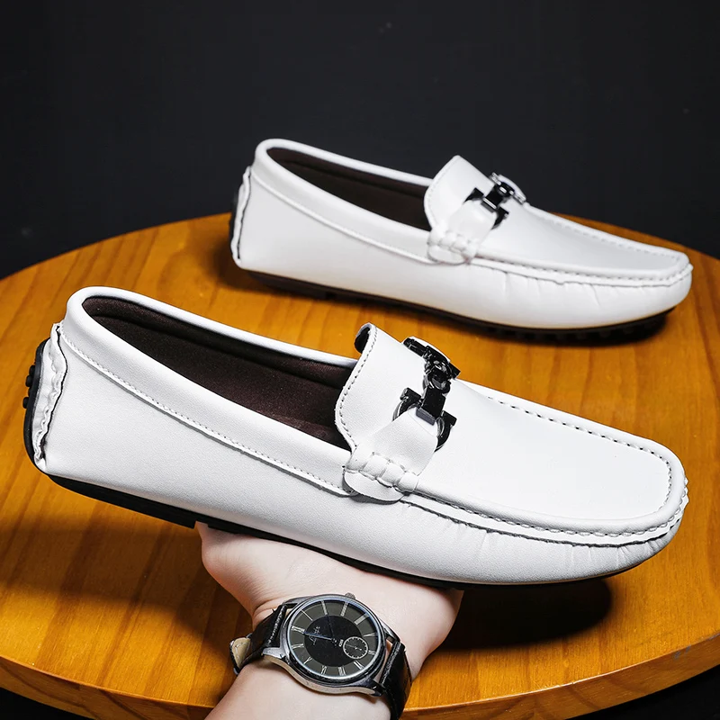 Fashion White Men's Loafers Comfortable Slip-on Leather Shoes For Men Non-slip Driving Shoes Business Casual Shoes Man Moccasins