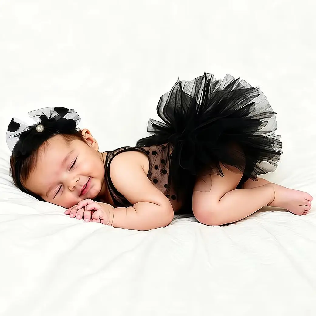 2Pcs Black Newborn Lace Romper Fluffy Mesh Photography Outfits With Lace Bow Headband For Baby Photo Shooting