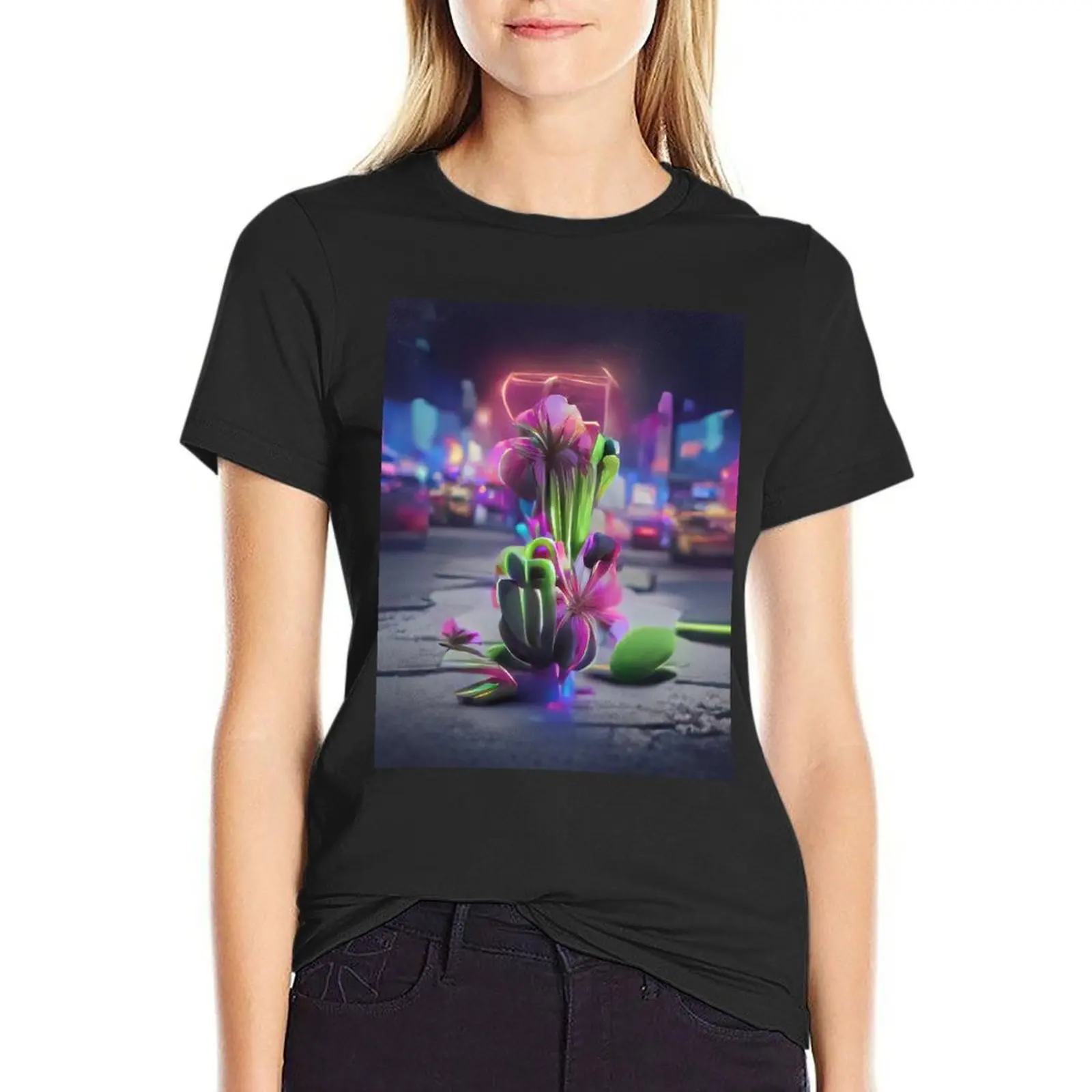 Night City Flowers-Camiseta de arte AI para mujer, camisa con estampado animal de moda coreana, camisetas divertidas para niñas