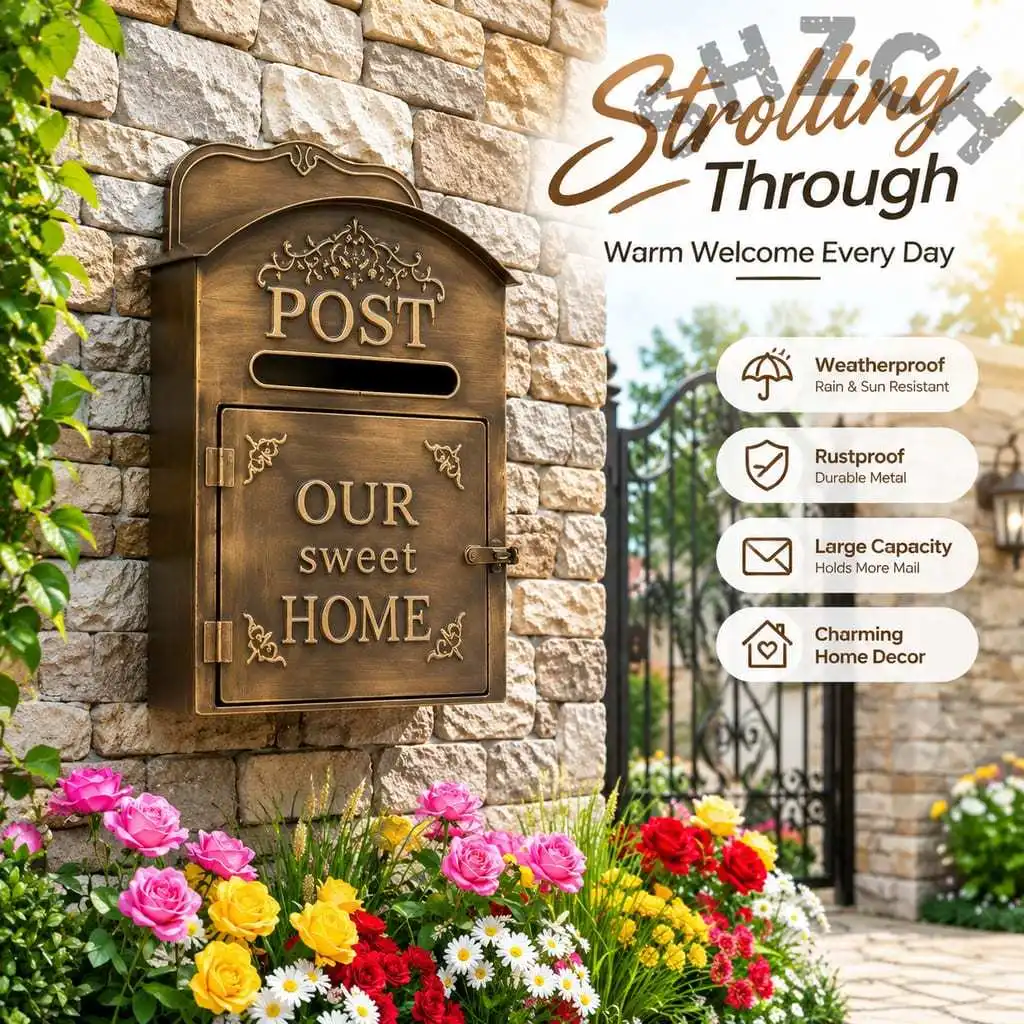Outdoor Wall-Mount Iron Mailbox – Decorative 18.7-Inch Art Letter Box for Garden, Patio & Exterior Home Use