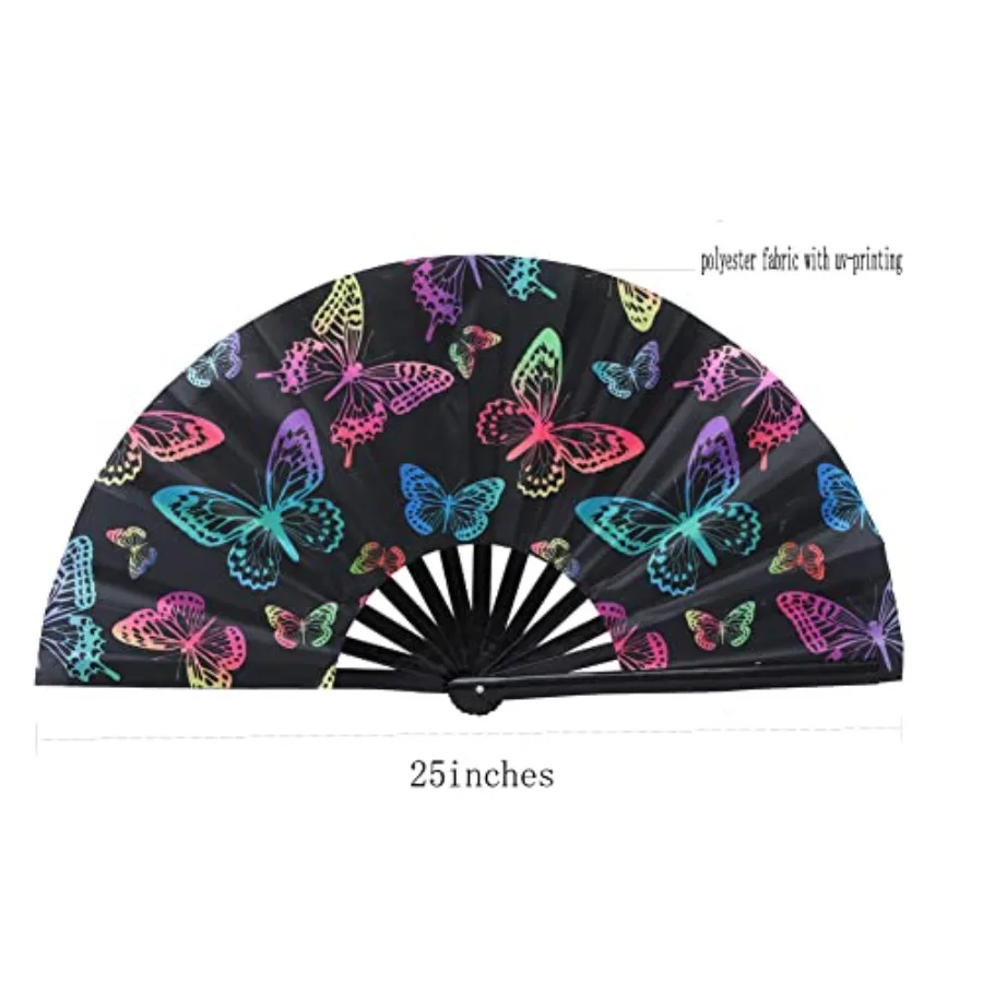 Women/Men Large UV Glow Rave Handheld Fan for Drag Queen Cosplay EDM Club Party Music Festival Dance Decoration Butterfly