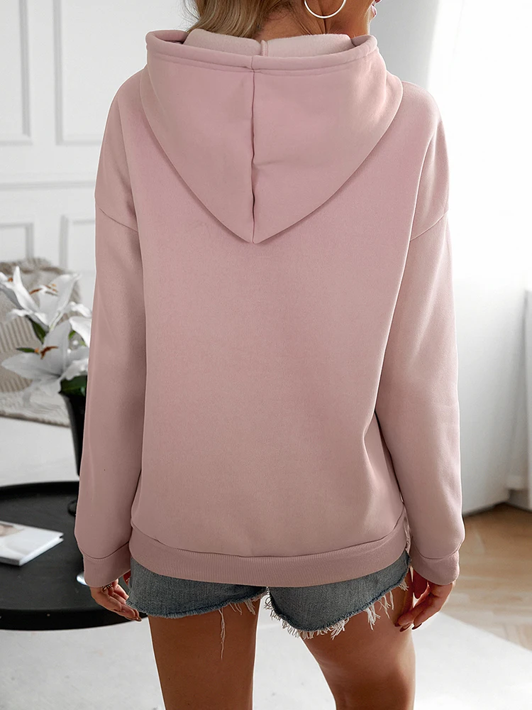 Women Casual Solid Loose Hoodies Autumn Winter Long Sleeve Hooded Pink Sweatshirt Thick Simple Tops Lazy Style Pullover 2024 New