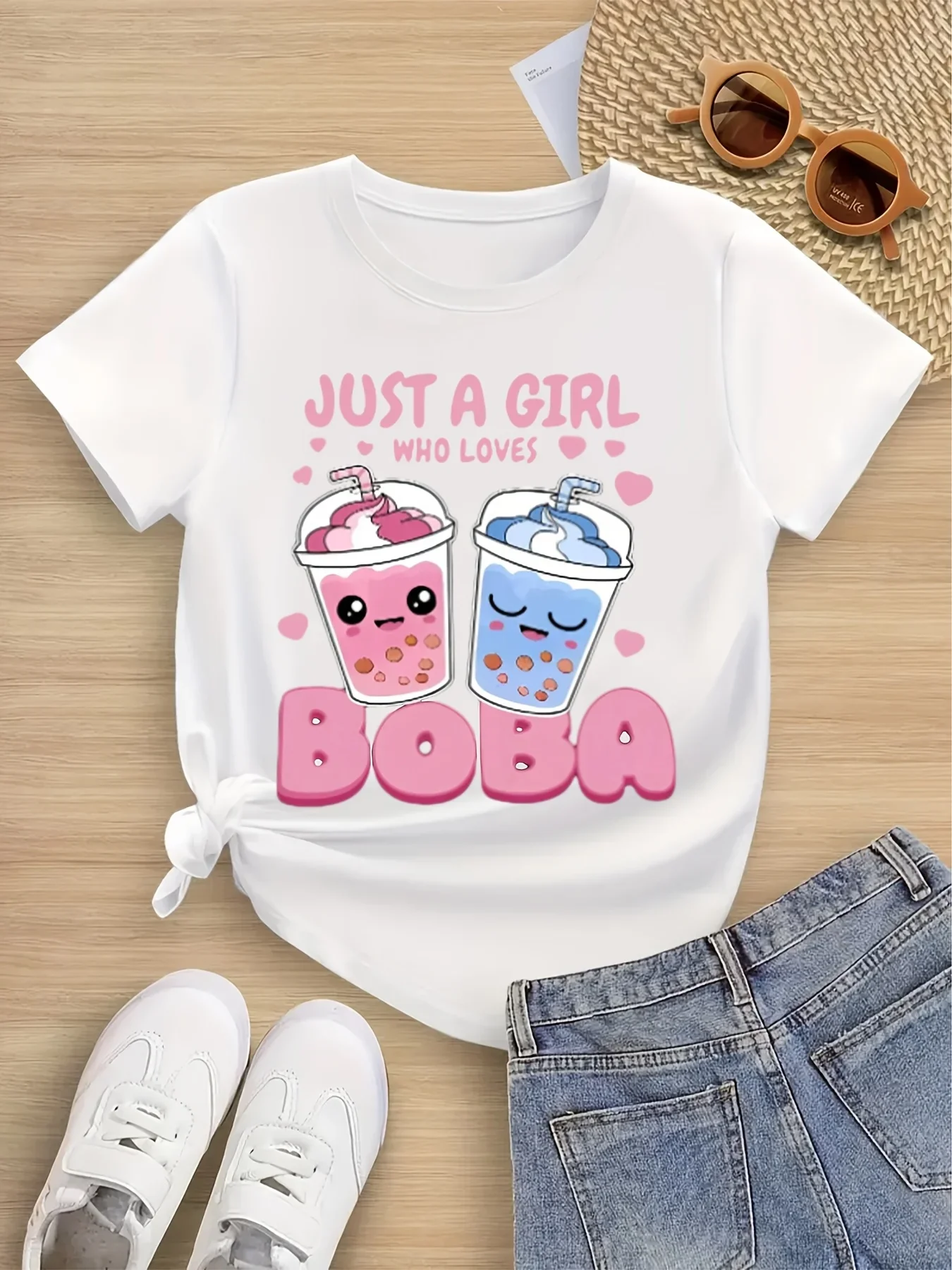 Just A Girl Who Loves Boba Printed Summer Children's Short Sleeved Shirt Round Neck Casual Daily Comfortable Summer Clothing