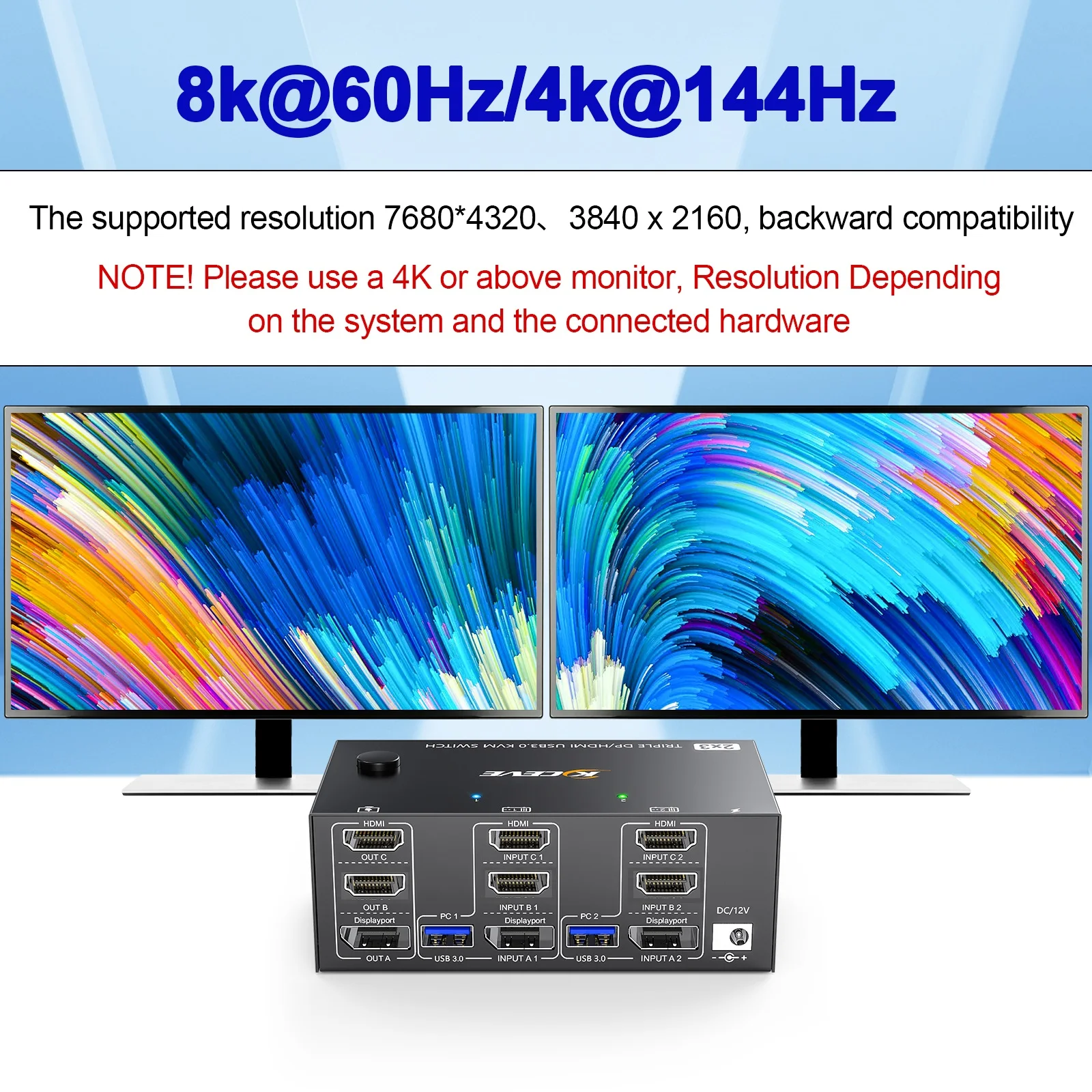 KCEVE 8K Tripe 3 monitores conmutador KVM USB 3,0 Hub Compatible con HDMI DP estación de acoplamiento Selector de interruptor 2 ordenadores compartir teclado