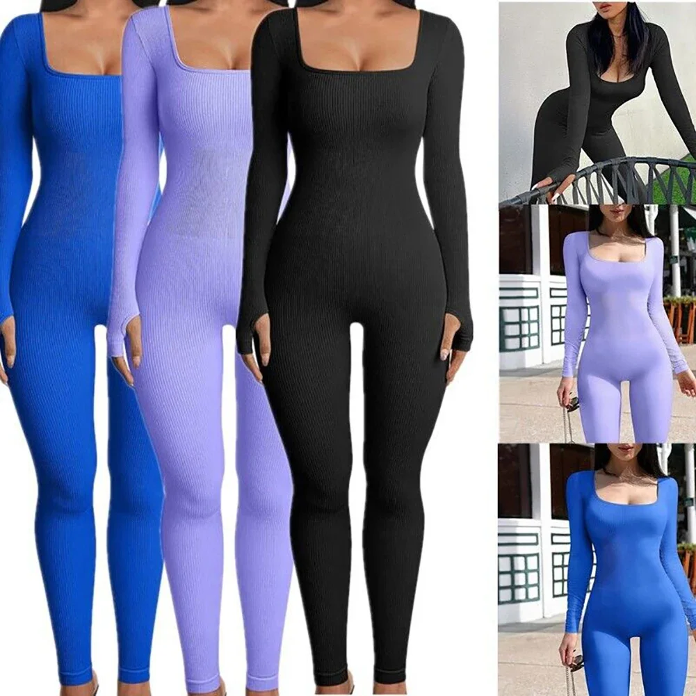 Women Yoga Jumpsuits One Piece Workout Ribbed Long Sleeve Rompers Square Neck Sport Exercise Bodysuits Gym Sportswear