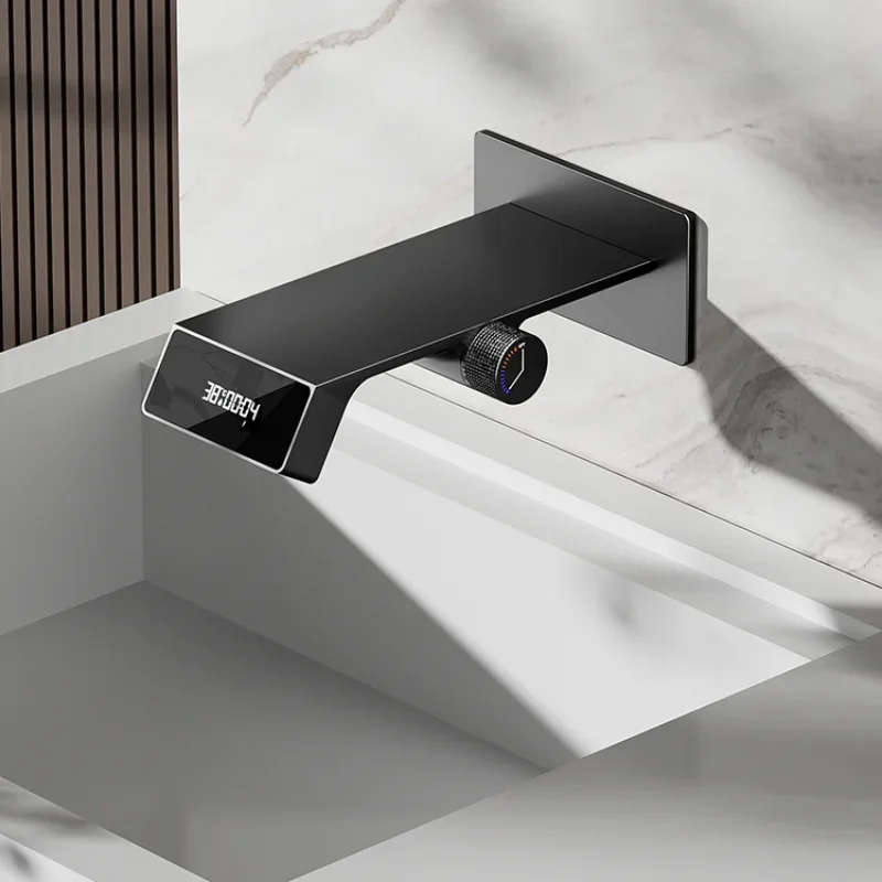 

Concealed faucet digital display copper into the wall embedded white waterfall basin household hot and cold minimalist