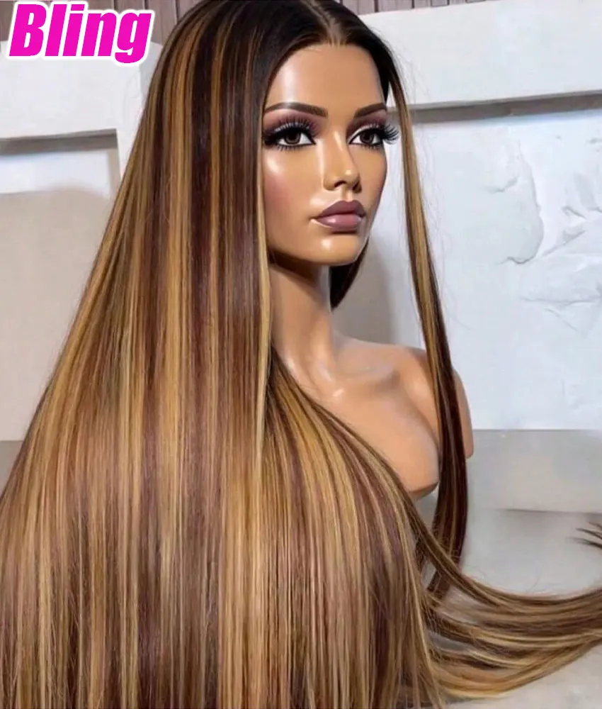 

Парик из натуральных бразильских волос 100% Virgin Hair, прямой, цвет медовый блонд, с HD прозрачной кружевной основой 13x6, модель 4/27