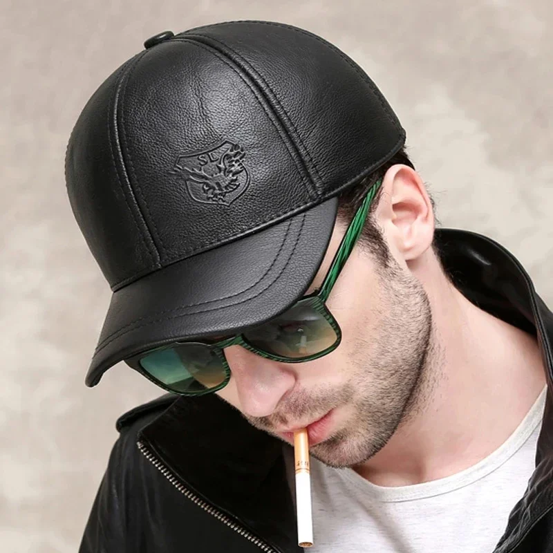 Male Genuine Leather 56-60CM Black/Brown Baseball Caps Eagle Print For Man Casual Street Gf Gorras Dad Hat