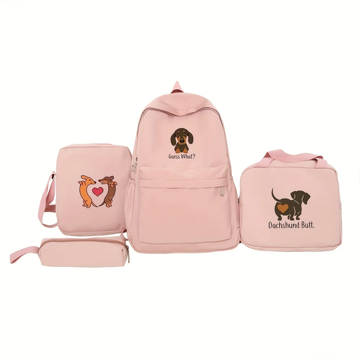 4-Piece Fashion Nylon Backpack Travel Love Dachshund Print Trend College Student Travel Backpack