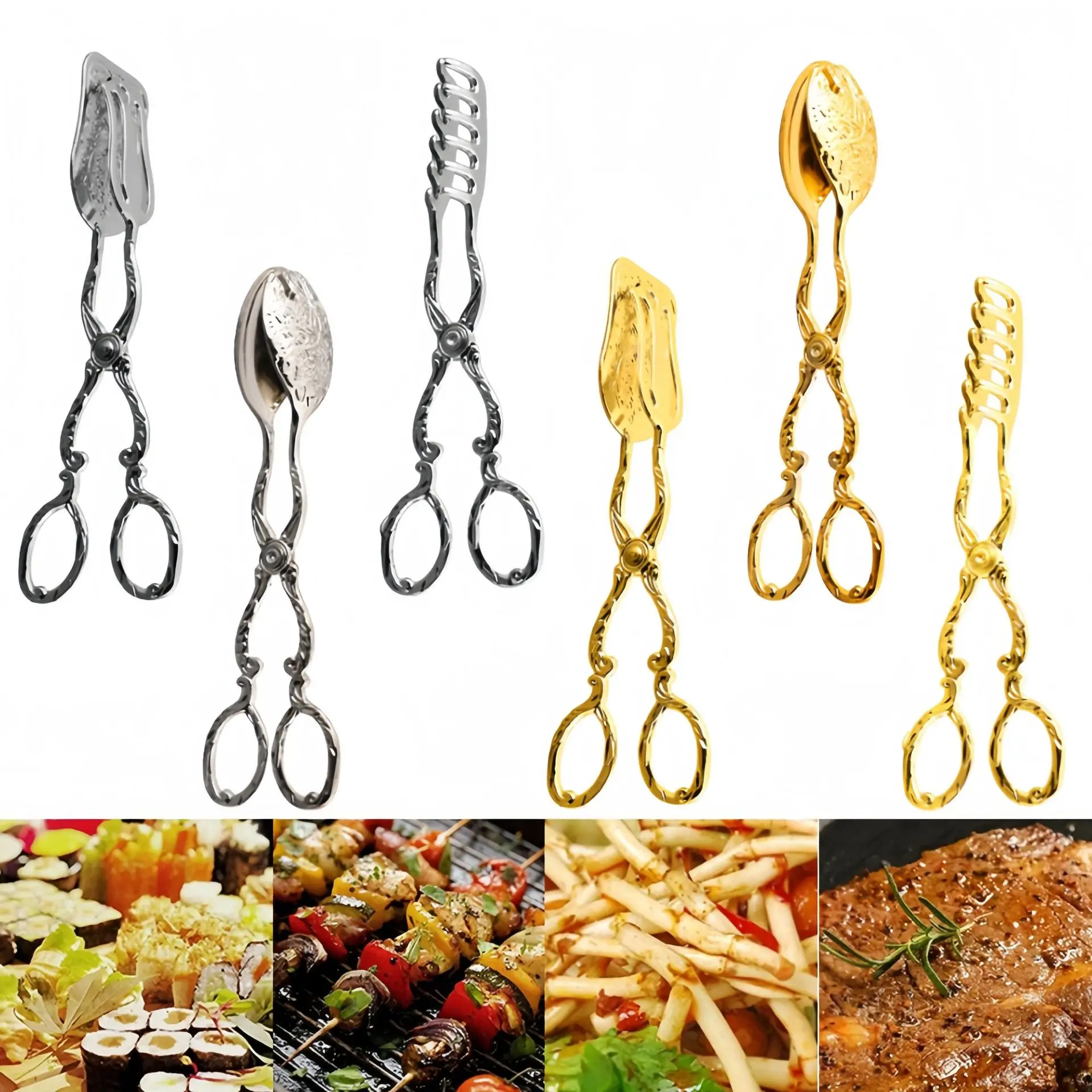 Vintage style Fruit Salad Cake Clip Buffet Food Tong Gold-plated Snack Cake Clip Salad Pastry Clamp Baking Barbecue Tool