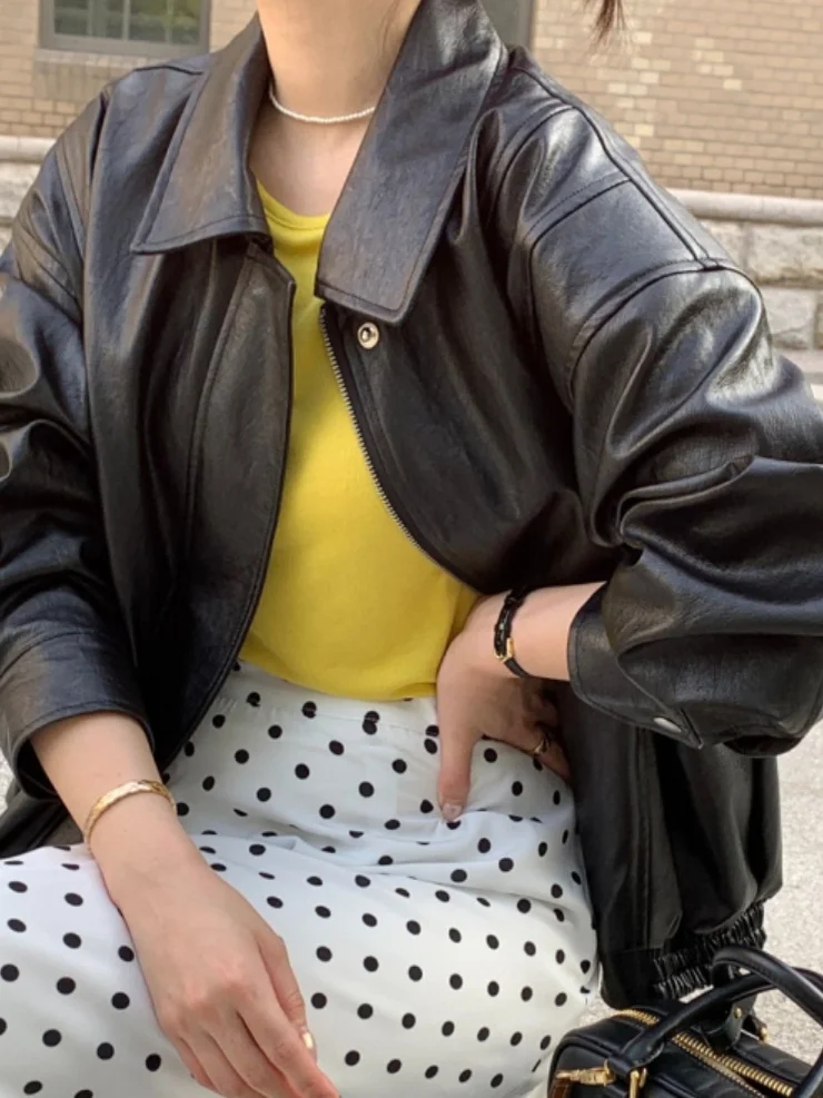 High-End Retro Lapel Neutral Casual Motorcycle Jaet PU Leather Women's Korean Sle Versatile Bla Outerwear