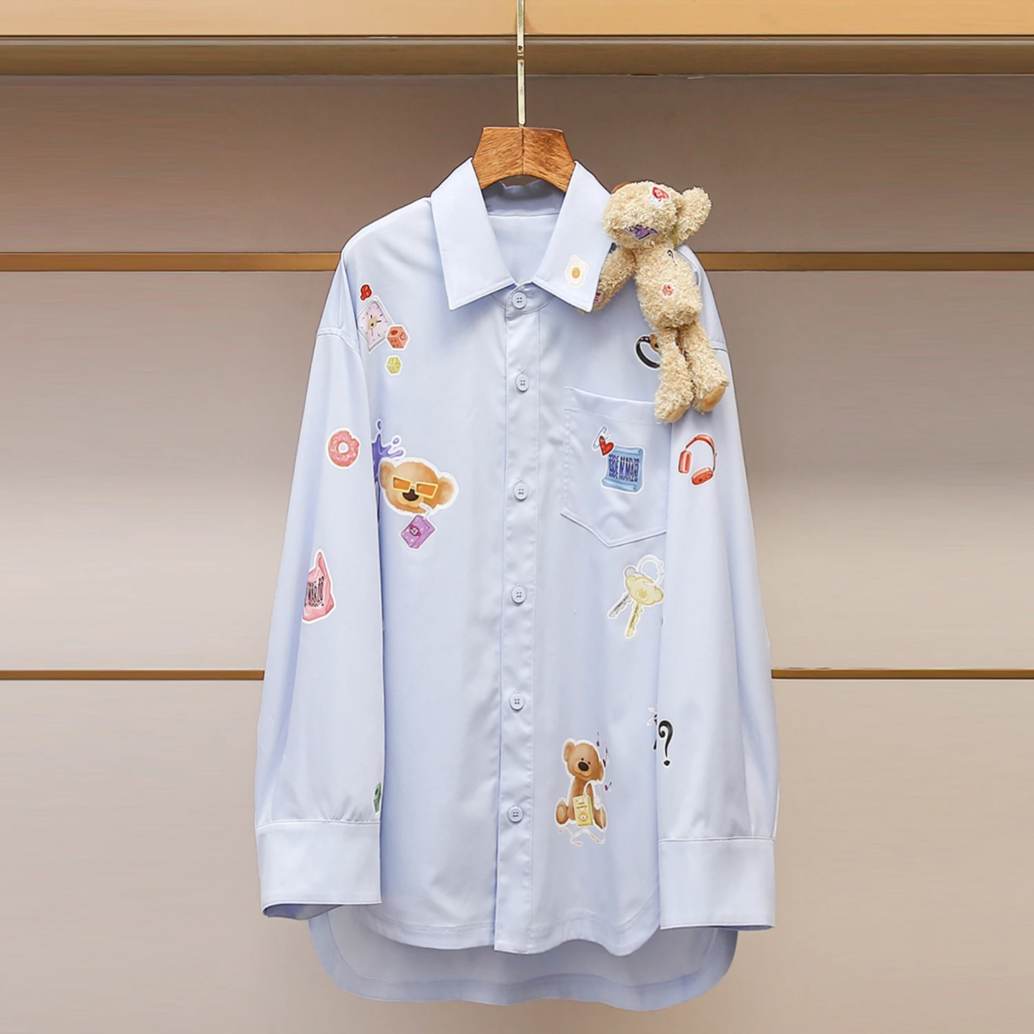 

High-End Women's Bear Print irt Casual Loose Fit Long Sve Mid-Length Coat Winter New Arrival Moisture ng Outdoor Wear