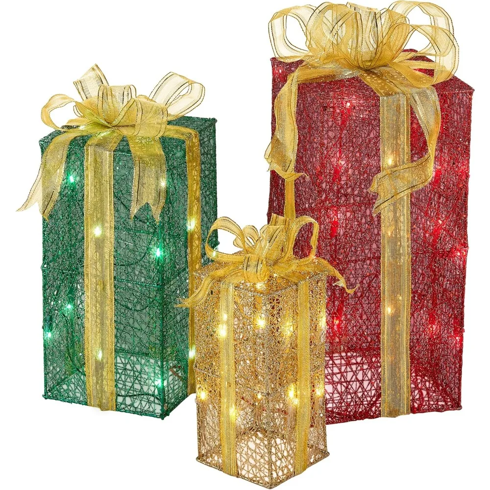 

ДОМАШНИЕ - Искусственные рождественские украшения, предварительно освещенный набор из трех предметов с белыми мини-огнями и подарочными коробками из сизаля