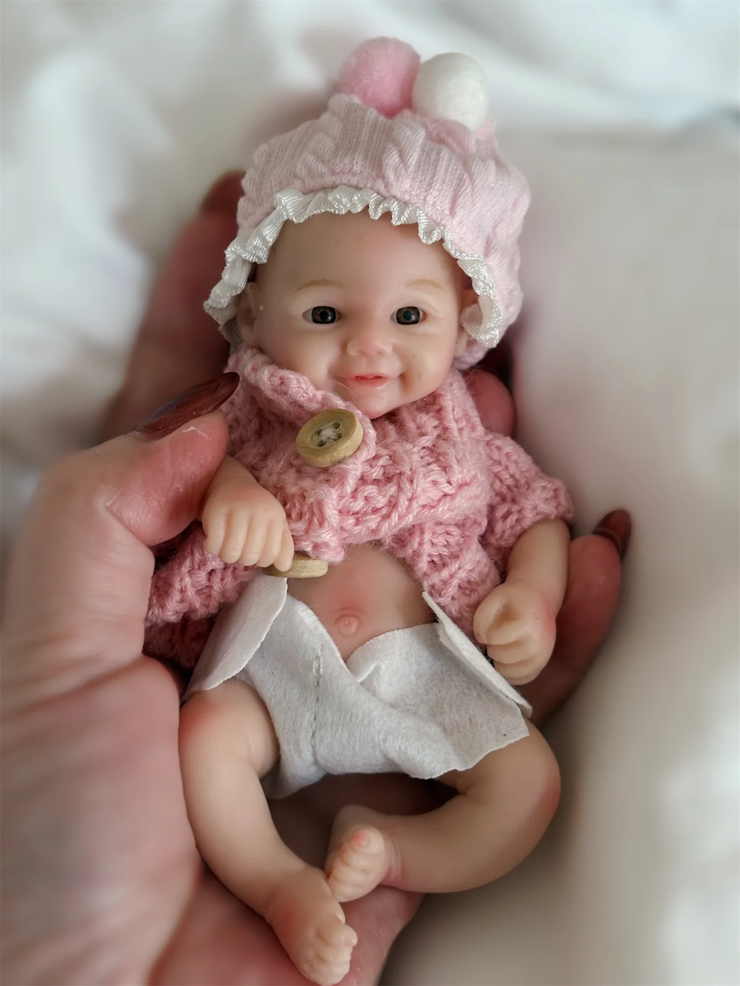 6Inch Open Eyes Mini Solid Silicone Reborn Baby Girl Doll With Painted Bald Dress In Pink Outfits Newborn Mini Reborn Baby Doll