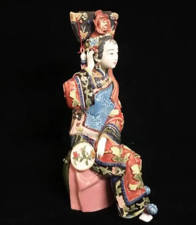 ANTIQUE CHINESE 2STYLES SHIWAN LADY STATUE PURE MANUAL FIGURE CRAFT COLLECTIBLE PORCELAIN FIGURINE PAINTED HOME DECOR