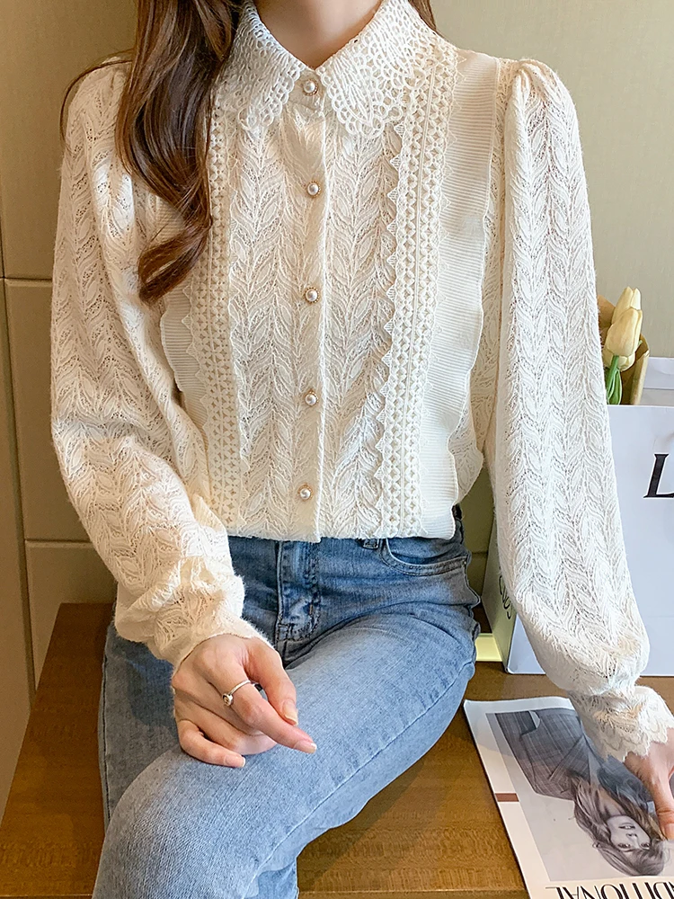 

Spring Autumn Lace Blouse Women Long Sleeve Single-Breasted Hollow Out Fashion Shirts Female 2024 New Elegant Office Ladis Tops