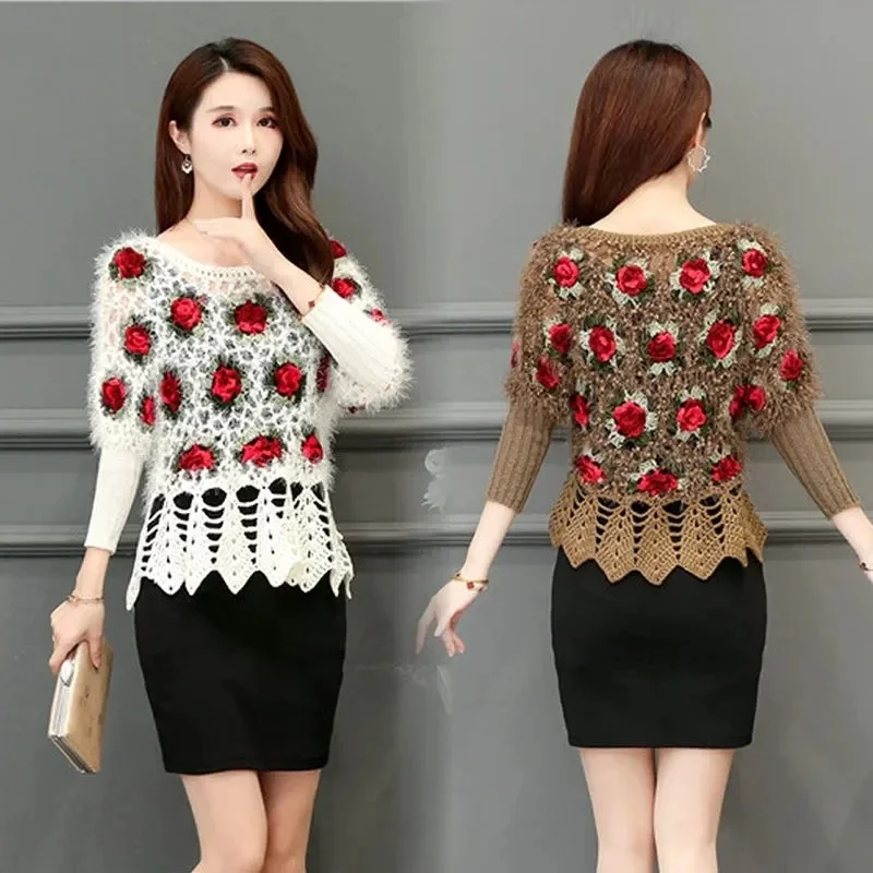 Women Hollow Rose Flower Sweater Pullover O Neck Short Bat Sleeve Knitted Tops Spring Clothing Fashion Ruffle Pull Femme PH243