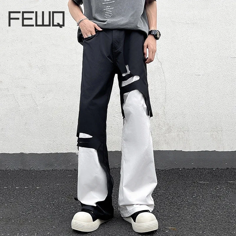 FEWQ-pantalones vaqueros de retales para hombre, pantalón informal de moda coreana, Color de contraste, estilo americano, 2024, 24E1461