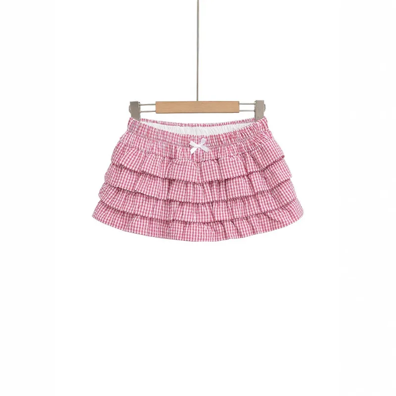 2025 Summer Women's Sweet Cool Plaid Ruffle Layered Shorts Low Waist Cake Hem Vibe