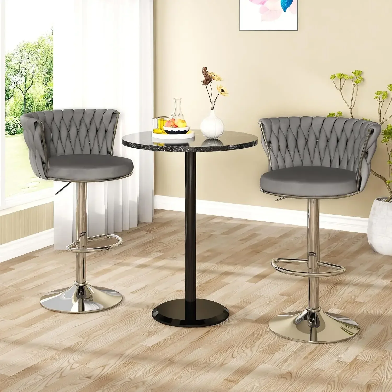 Grey Velvet Bar Stools Set of 4,Modern Swivel Bar Chairs Counter Height Bar Stool with High Backrest