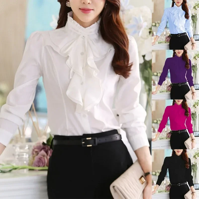 Women\'s Fashion Ruffled Collar Long Sleeve Shirt Temperament White-collar Business Work Commuter Shirt Slim Formal Dress Top