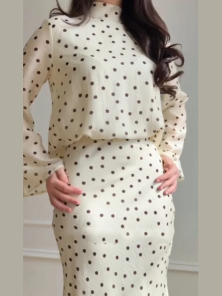 

Polka Dot Two Piece Women Skirt Set Elegant Tie Neck High Neck Long Sleeve Blouse 2026 Women's Date Night Casual Streetwear Set
