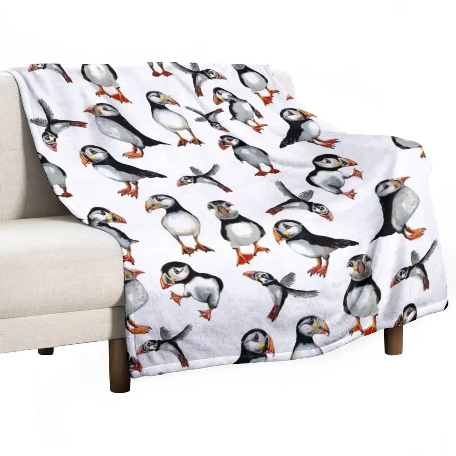 Puffins Pattern Throw Blanket Hairy Decorative Beds Decorative Sofas Plush Luxury sofa bed Blankets