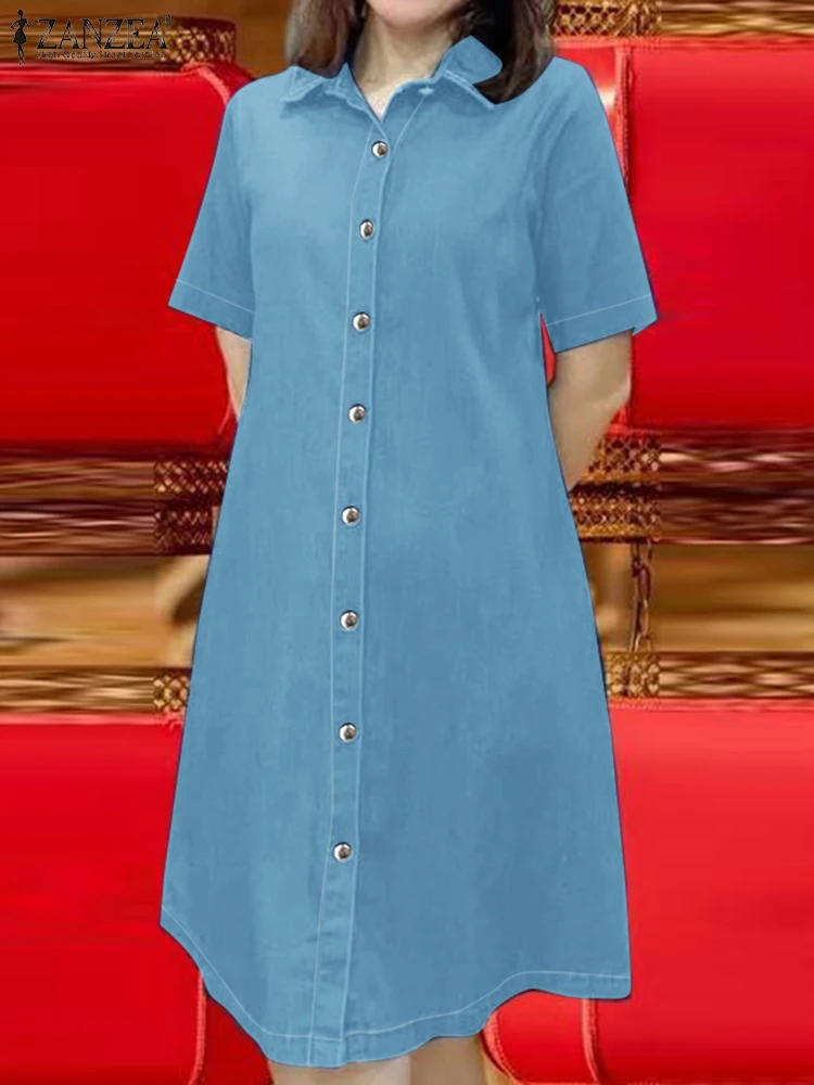 ZANZEA 패션 여름 드레스 데님 블루 Sundress 여성 빈티지 옷깃 넥 짧은 소매 작업 Vestidos 캐주얼 솔리드 버튼 드레스