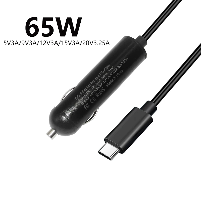 65W 20V USB C Type C PD Car Charger Dc Power Supply Adapter for Macbook Lenovo Asus Hp Laptop Tablet Phone Car Adapter