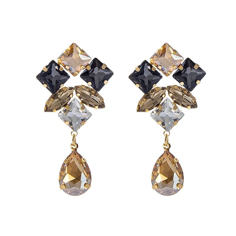 Fashion colored diamonds personalized multi-layer alloy diamond-set rhombus crystal glass diamond earrings super flash earrings