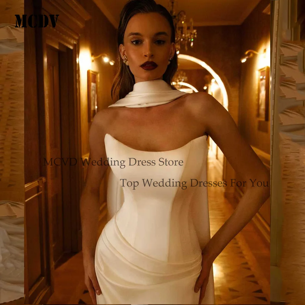 فستان زفاف MCDV من الساتان أنيق بدون حمالات بطيات حورية البحر فساتين العروس مع شال مخصص سويب تراين فيستدوس دي نوفيا 2026