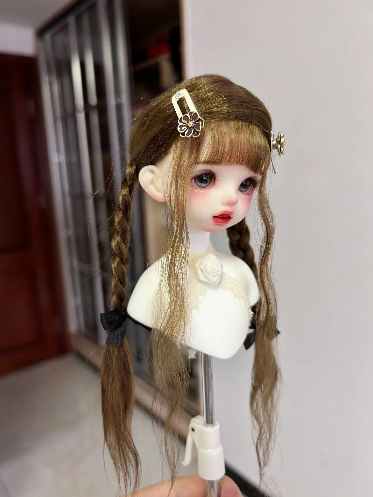 Lovely 1/6 BJD Shell Hard Doll Hair, Brown Bangs Mohair Curly Double Braid Wig Free Shipping