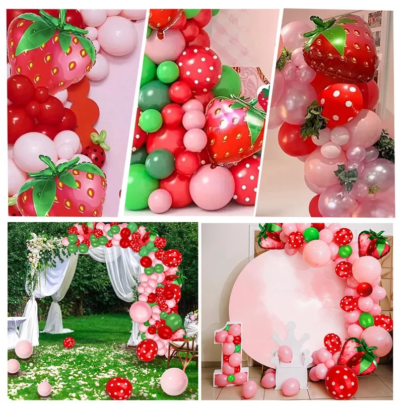 Strawberry Balloon Arch, 157 PCS Strawberry Balloon With Red Pink Green Latex Balloons And Strawberry Foil Balloons