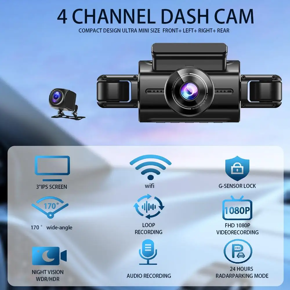 4 Channel Hidden Dash Cam with APP 1080HD Night Vision 24/7 Parking Monitor G-Sensor Loop Recording Motion Detection  Blackbox