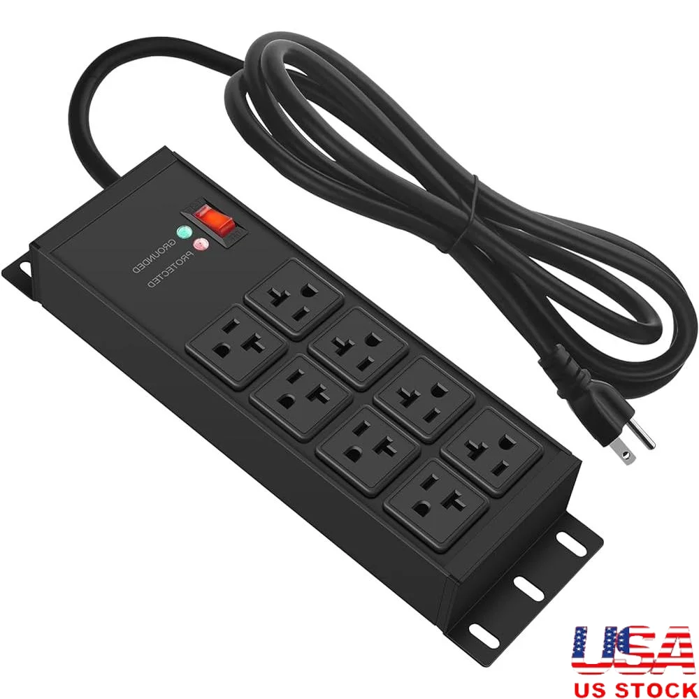 

Heavy Duty Power Strip 20A 8 Outlets Surge Protector 12AWG 6FT Wall Mount Industrial Garage Workshop Overload Protection