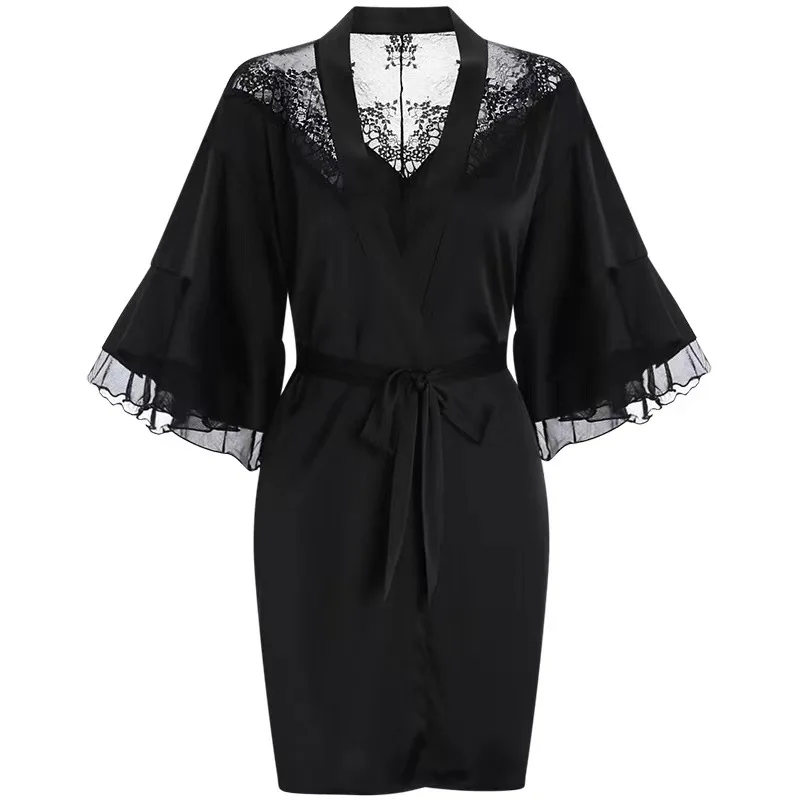 Sexy Flare Sleeve Robe Mini Short Nightdress Lady Home Dressing Gown Nighty Robe Short Kimono Bathrobe Ice Silk Loungewear