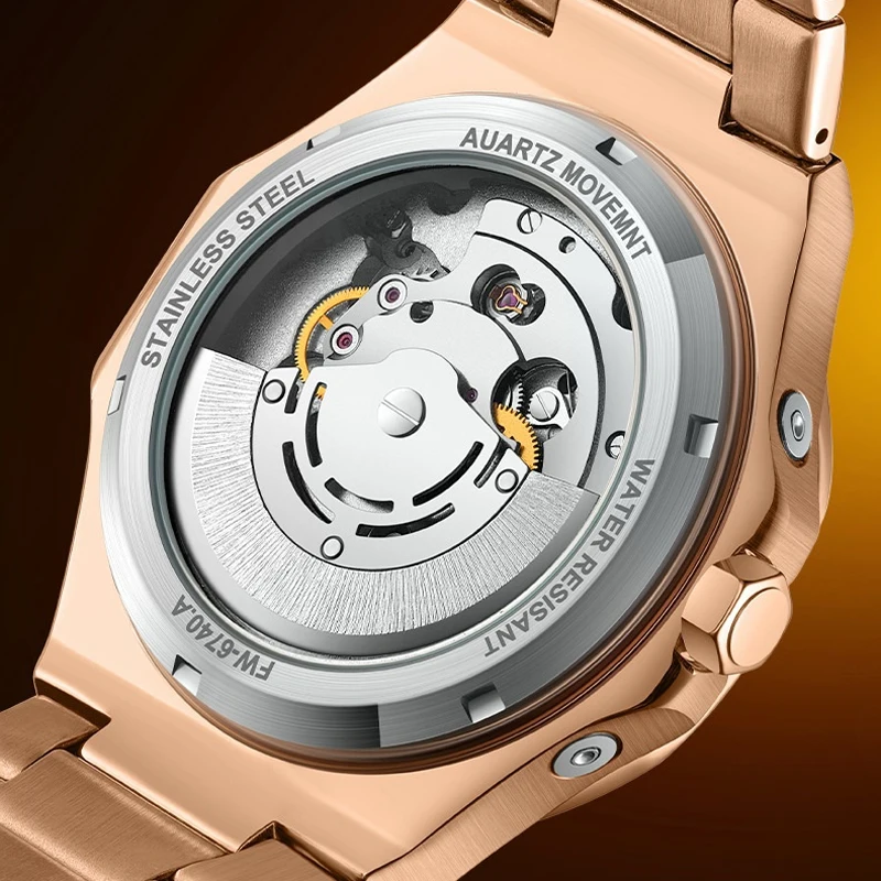 Mark Fairwhale Orologio meccanico di lusso in acciaio inossidabile in oro rosa da uomo Orologi tourbillon automatici con fasi lunari luminose impermeabili
