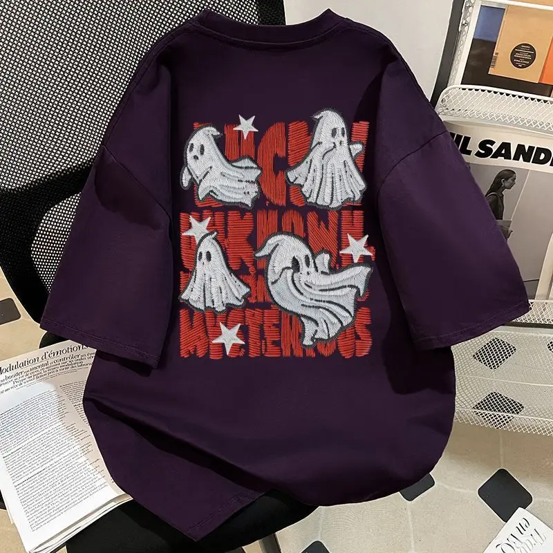 Camiseta pesada con estampado de fantasma lindo para mujer en verano Top suelto informal versátil de manga corta