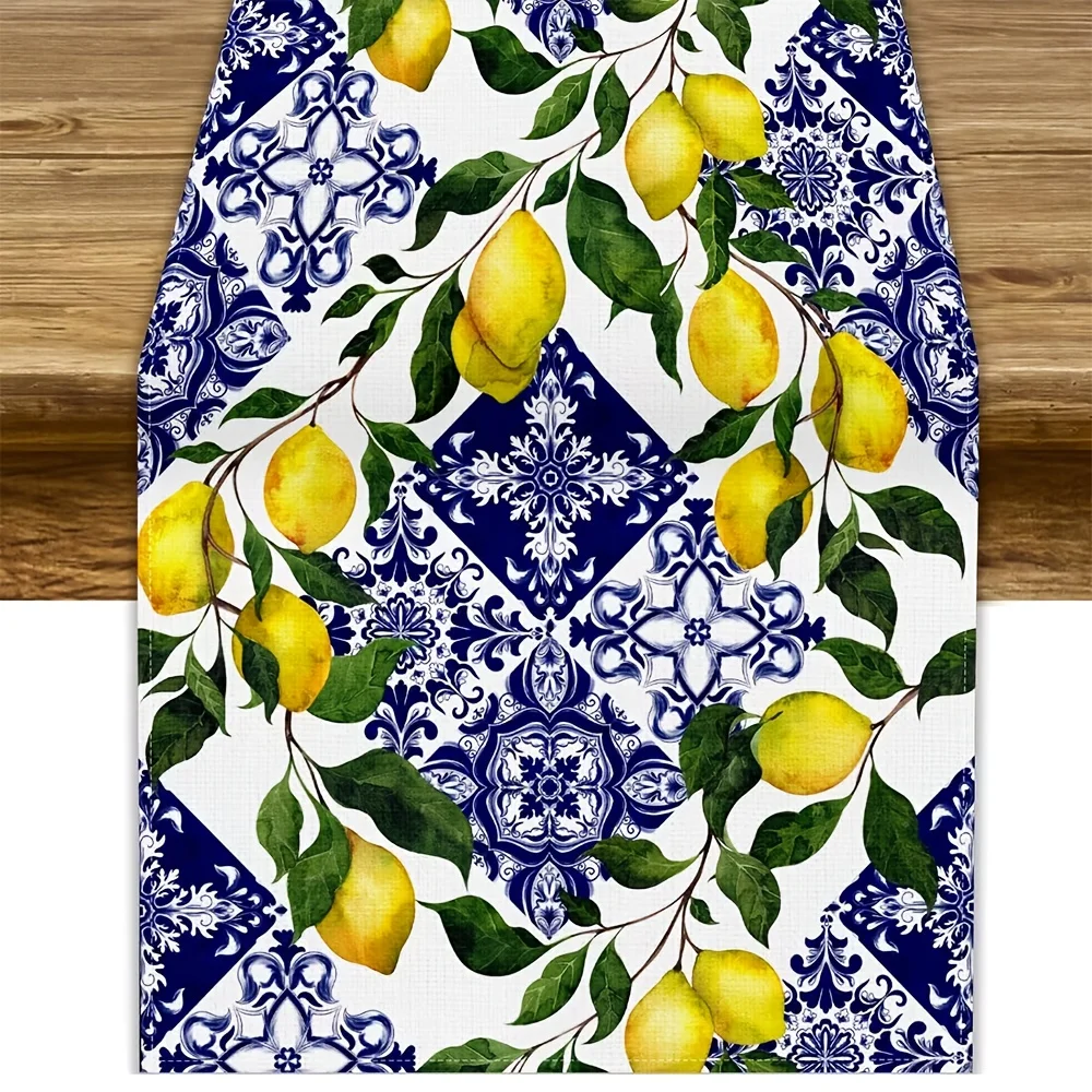 Blue Tile Lemon Table Runner Summer Fresh Lemon Florals Print Farmhouse Decor Rectangular Table Mat for Kitchen Decor
