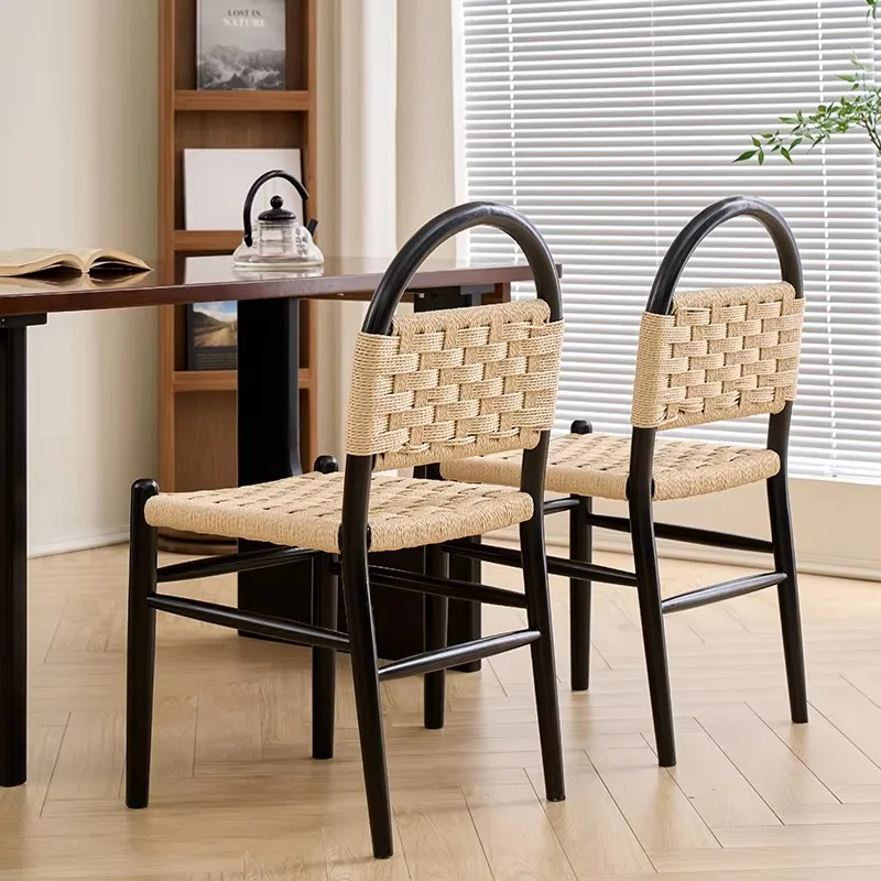 2025 نموذج جديد فرنسي عتيق كرسي طعام من الخشب الصلب حبل منسوج مسند ظهر على الطراز الأمريكي القديم أثاث منزلي للمنزل