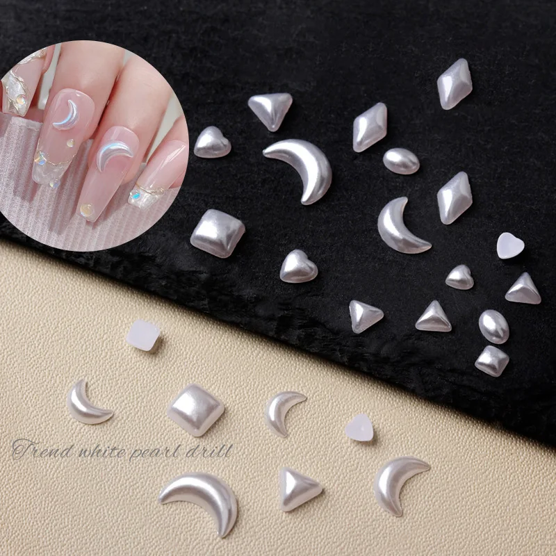 Approx 200pcs Baroque Pearl White Irregular Shape Nail Art Charms Heart Moon Rhombus 3D Resin Mini Nail Decoration Accessories