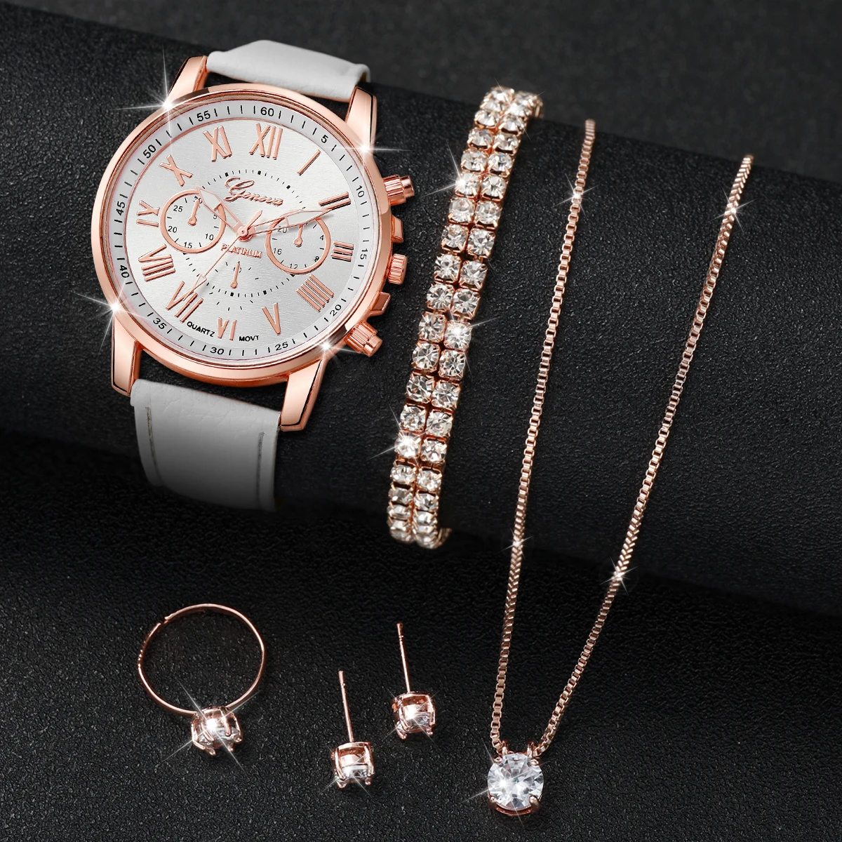 6PCS/Set Women Watches Casual Leather Band Quartz Wrist Watch Diamond Jewelry Set(Without Box)