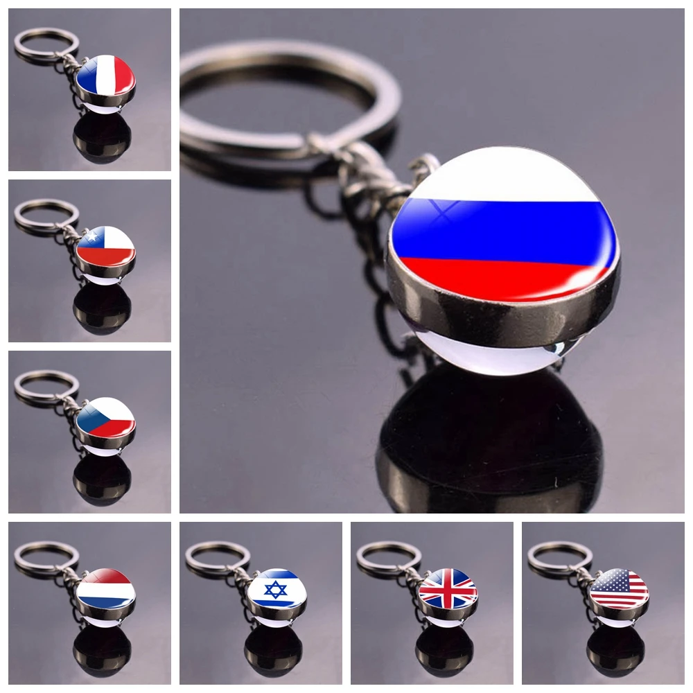 Flag Keychain Russia Netherlands France America Belarus Spain Glass Ball Keyring Chain Country National Flag Jewelry Keychains