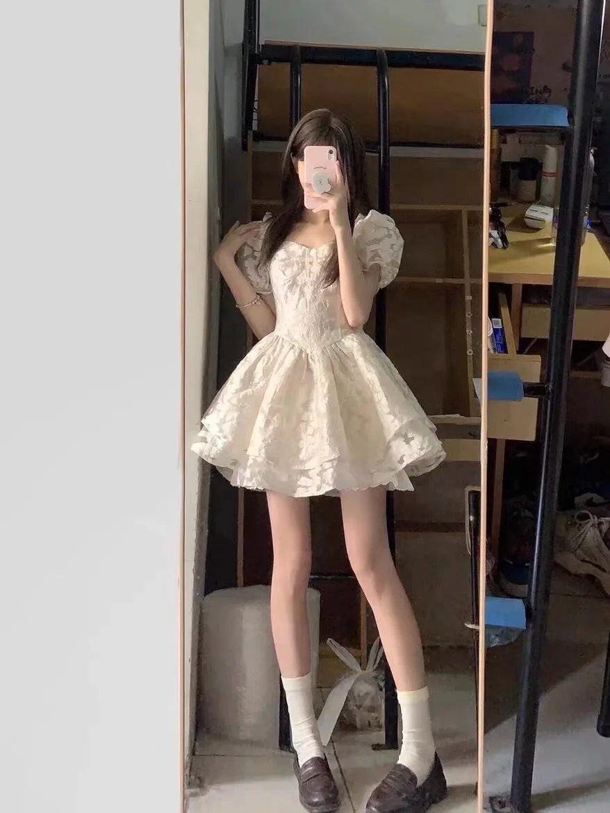 Cute Sweet Summer Fairy Princess Dress Puffy Sleeve Short A-Line Skirt Lightweight Fabric Small Size Bubble Dress First Love