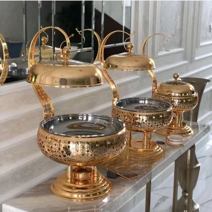 Luxury Golden Round Buffet  Food Warmer Stainless steel Wedding Commercial Equipment Chafing dish Hotel Serving Chefing dish